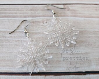 Snowflake Earrings, Clear Snowflake, Christmas Snowflake Earrings, Nordic  Snowflake Acrylic and Stainless Steel,  Outdoors, Gift for her