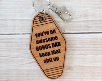 You're An Awesome BONUS Dad Motel Keychain, Vintage Key Tag, Wooden Motel Style Key Fob