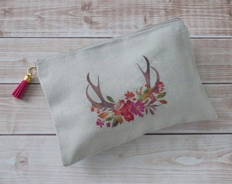 Floral Antlers Boho Zipper Pouch, Floral Deer Canvas Pouch, Woodland Cotton Pencil Bag