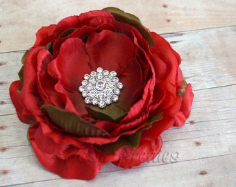 Red Rhinestone Flower Hair Clip, Red and Green Flower Hair Clip