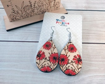 Wood Red Poppies Earrings, Hand Painted Wooden Dangle Earrings, Poppy Earrings