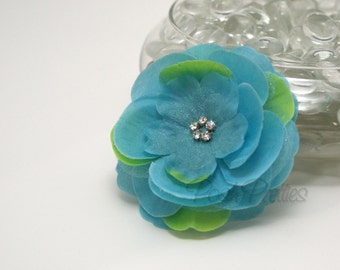 Blue Flower Hair Clip, Silk and Organza Layered Flower with Rhinestone Center