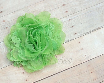 Lime Green Flower Hair Clip, Light Green Shabby Chiffon and Lace Hair Flower Barrette - Available With or Without Rhinestone Center