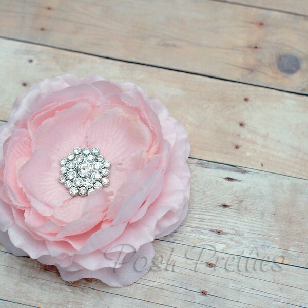 Pink Rhinestone Flower Hair Clip, Rose Pink Ranunculus Flower Hair Clip, Ruffled Flower Hair Clippie