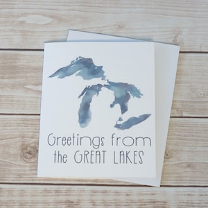 Greetings From The Great Lakes, Michigan Love Greeting Card, Watercolor Great Lakes Greeting Card