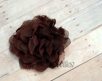 Chocolate Brown Flower Hair Clip  - Shabby Chiffon and Lace Flower - With or Without Rhinestone Center