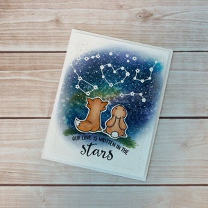 Our Love Is Written In The Stars, Fox and Bunny Galaxy Love, handmade card, anniversary card, sweet love card image 1