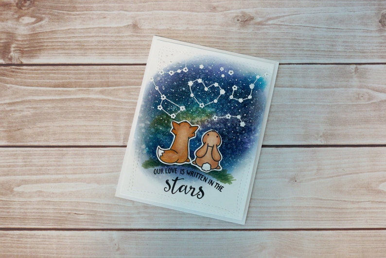 Our Love Is Written In The Stars, Fox and Bunny Galaxy Love, handmade card, anniversary card, sweet love card image 1