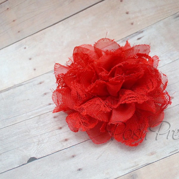 Red Flower Hair Clip  - Shabby Chiffon and Lace Flower - With or Without Rhinestone Center