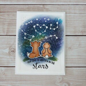 Our Love Is Written In The Stars, Fox and Bunny Galaxy Love, handmade card, anniversary card, sweet love card image 2