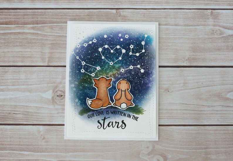 Our Love Is Written In The Stars, Fox and Bunny Galaxy Love, handmade card, anniversary card, sweet love card image 2