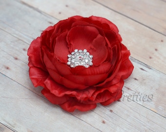Red Rhinestone Flower Hair Clip, Crimson Wedding Flower Hair Clip, Ruffled Flower Hair Clip Headband