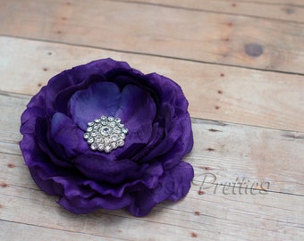 Purple Rhinestone Flower Hair Clip, Plum Ranunculus Wedding Flower Hair Clip, Ruffled Flower Hair Clip