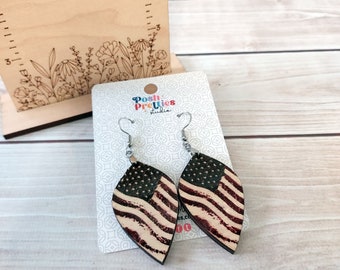 Wood American Flag Earrings, Wooden Vintage Style USA Earrings, Patriotic Earrings, 4th of July Earrings