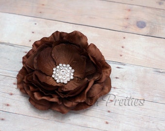 Brown Rhinestone Flower Hair Flower, Chocolate Ranunculus Hair Clip, Ruffled Hair Clip