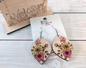 Wood Wildflower Earrings, Hand Painted Wooden Dangle Earrings,