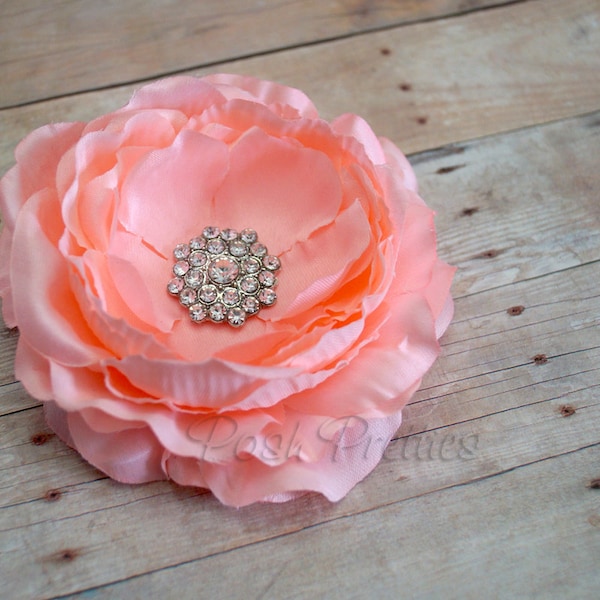 Coral Rhinestone Flower Hair Clip, Peach Flower Hair Clip, Ranunculus Hair Clip