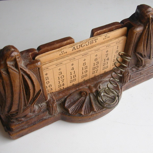 Syroco Wood Desk Calendar and Pen Holder-Sailing Ships Motif