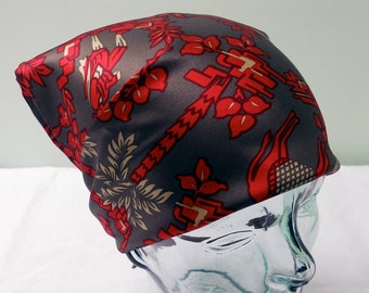 Silk Head Scarf - Rockabilly Neck Tie Accessories - Vintage Oriental Asian Pattern Brown Red Beige - Palm Trees Hunter Deer Floral