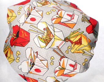Waterproof Shower Cap - Chinese Food Takeout Japanese Sushi Chopsticks Fortune Cookie Grey Novelty - Retro Rockabilly Bath and Beauty Hat
