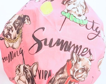 Waterproof Shower Cap - Retro Pink Puppy Print, French Bulldog