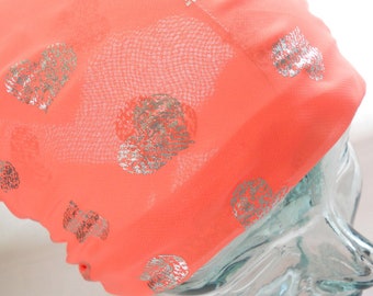 Chiffon Head Scarf - Georgette Chiffon Bright Guava Pink with Silver Metallic Hearts - Rockabilly Retro Neck Tie Accessories
