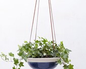 Navy Indigo Large Hanging Planter in White Porcelain and Suede // Modern Home Decor for Your House Plant Collection