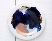 Glacier Hand Painted Porcelain Dessert Plate with 14K Gold Luster, Peach, Pink, and Navy Blue // Perfect for an Organic, Modern Kitchen