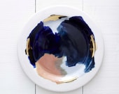 Glacier Hand Painted Porcelain Dessert Plate with 14K Gold Luster, Peach, Pink, and Navy Blue // Perfect for an Organic, Modern Kitchen