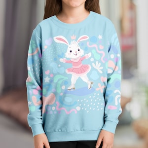 Süßes Häschen Schlittschuhlaufen Jugend Sweatshirt Blau, Beige, Grau