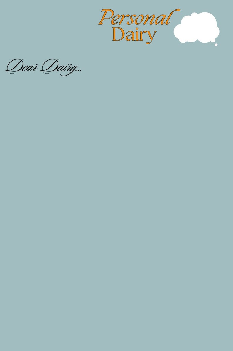 K&ouml;nnte beinhalten: Ein blauer Hintergrund mit dem Text "Personal Dairy" in orangefarbener Schrift und einer wei&szlig;en Gedankenblase. Unter dem Text steht der Satz "Dear Dairy..." in schwarzer Kursivschrift.