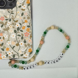 Beige & Green Personalized Phone Charm Wristlet, Cute Beaded Handmade Cell Phone Wrist Strap, Carry Band For Any Phone, Camera, Airpods, Key