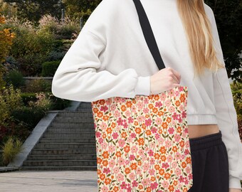 Retro Floral Tote Bag: Pink & Orange Flower Pattern - Eco-Friendly Shopping