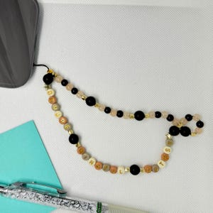 Black & Beige Personalized Phone Charm Wristlet, Cute Beaded Handmade Cell Phone Wrist Strap, Carry Band For Any Phone, Camera, Airpods