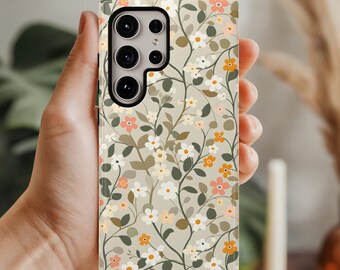 Beige Green Boho Floral Phone Case | Vintage Flower Pattern | Cottagecore Aesthetic | iPhone 17 16 15, Samsung S25 S24, Pixel 9 8