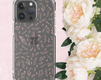 Capa transparente floral rosa para iPhone 11–16 – Coquette Line Art Flowers – Capa transparente estética macia – Presente feminino fofo para ela