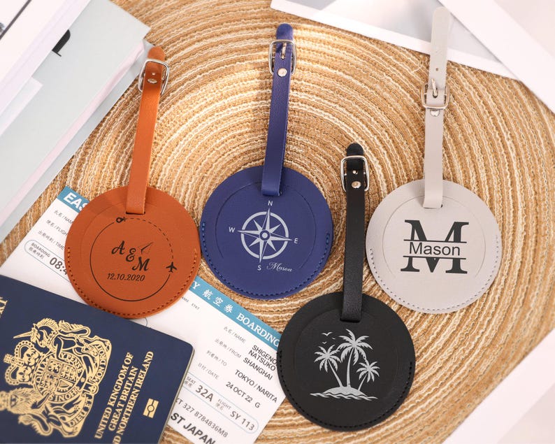 Personalized Round Vegan Leather Luggage Tag, Luggage Tag Favor, Custom ...