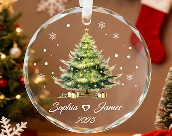 Ornamento in vetro per albero di Natale con nome personalizzato e acquerello, con scatola, ornamento natalizio per coppia, regalo di Natale personalizzato