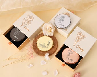 Personalized Metal Compact Mirror With Box, Custom Engraved Makeup Mirror, Bridesmaid Gift, Birthday Gift for Her