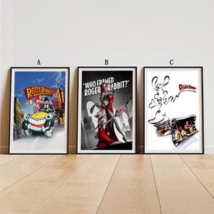 May include: Three framed posters from the film "Who Framed Roger Rabbit." The posters are in black frames. One shows Roger Rabbit in a car, another features his wife in a red dress, and the third has film strips. The posters are displayed on a wall.