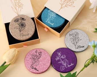 Personalized Metal Compact Mirror With Box, Custom Engraved Makeup Mirror, Bridesmaid Gift, Birthday Gift for Her