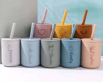 Vaso de silicona personalizado con pajita, vaso para bebés con pajita, vaso antiderrames, regalo personalizado para bebés, Pascua y baby shower.