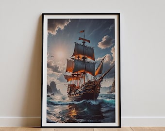 May include: A vintage-style sailing ship with brown sails and gold accents sails on a blue ocean with whitecaps. The ship is surrounded by rocky islands and a cloudy sky.