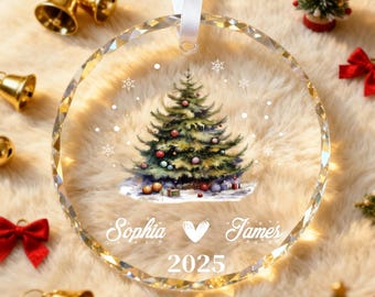 Ornamento in vetro con albero di Natale personalizzato con nome e acquerello, ornamento natalizio per coppie, regalo romantico e personalizzato per le feste
