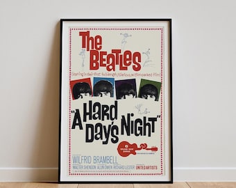 Może przedstawiać: Winietyczny plakat filmowy do filmu "A Hard Day's Night" z udziałem The Beatles. Plakat zawiera czerwony i czarny tytuł z twarzami członków zespołu w czarno-białych kwadratach. Plakat jest oprawiony w czarną ramę.