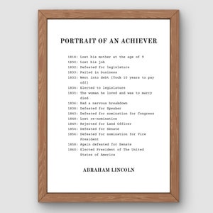 Abraham Lincoln: Portrait of an Achiever | Abraham Lincoln Success Story | 5 Sizes | Success Quotes | Digital Download
