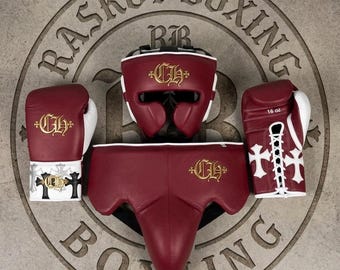 Custom Embroidered Cowhide Leather Boxing Sparring Set, Personalized Name Prints Mexican red  color