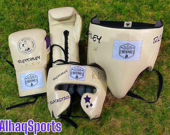 Customized boxing gear ,Personalized Fight gear, Cowhide leather , Custom embroidered sparring set name prints any logo color