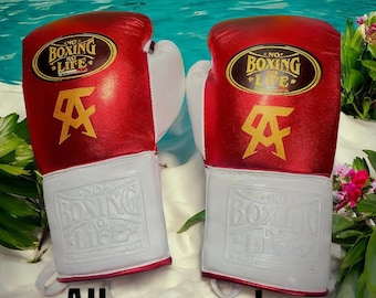 May include: A pair of red and white boxing gloves featuring the gold oval logo with the text No Boxing No Life and a gold emblem. The white wrist cuffs are embossed with the text No Boxing No Life. The gloves have a metallic red finish.