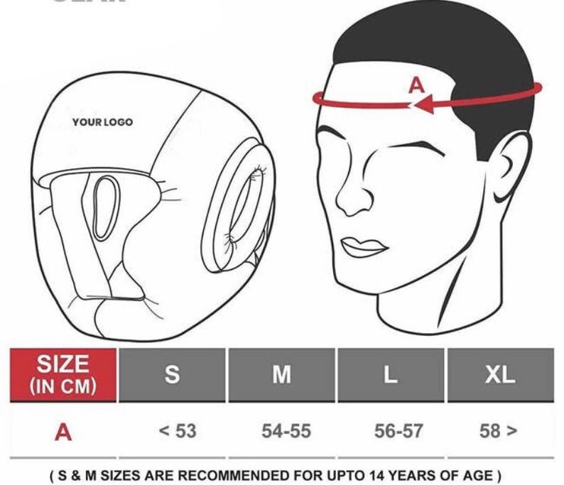May include: A black and white line drawing of a boxing headgear with the text "YOUR LOGO" on the side. A size chart is included with the text "SIZE (IN CM)" and the sizes S, M, L, and XL. The chart shows the head circumference in centimeters for each size.  The text "(S & M SIZES ARE RECOMMENDED FOR UPTO 14 YEARS OF AGE)" is also included.